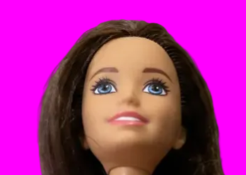 Barbie doll with a checkered dress on a pink background