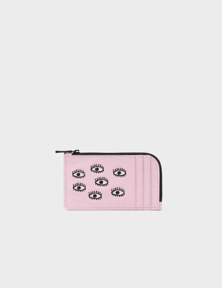 Fausto Lilac Leather Zip-around Cardholder - All Over Eyes Embroidery