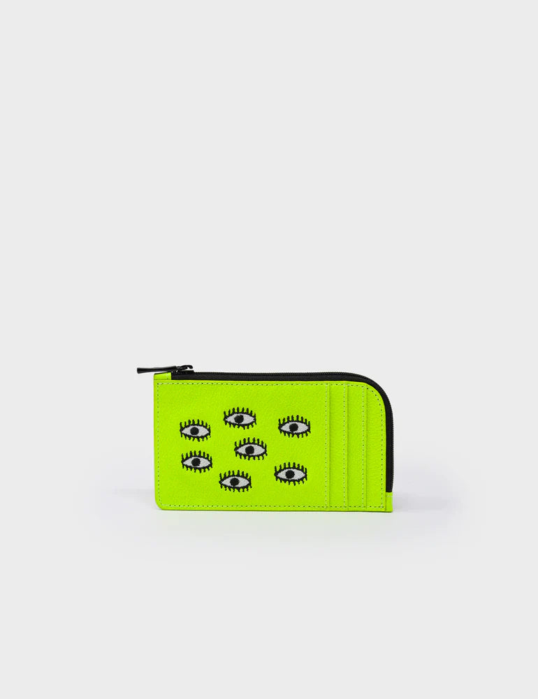 Fausto Neon Yellow Leather Zip-around Cardholder - Eyes Embroidery