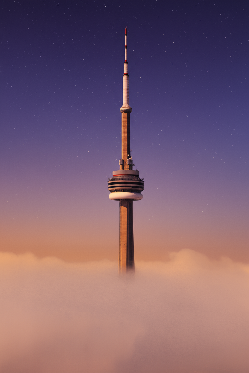 Tall tower with a cylindrical design and antenna against a clear blue sky