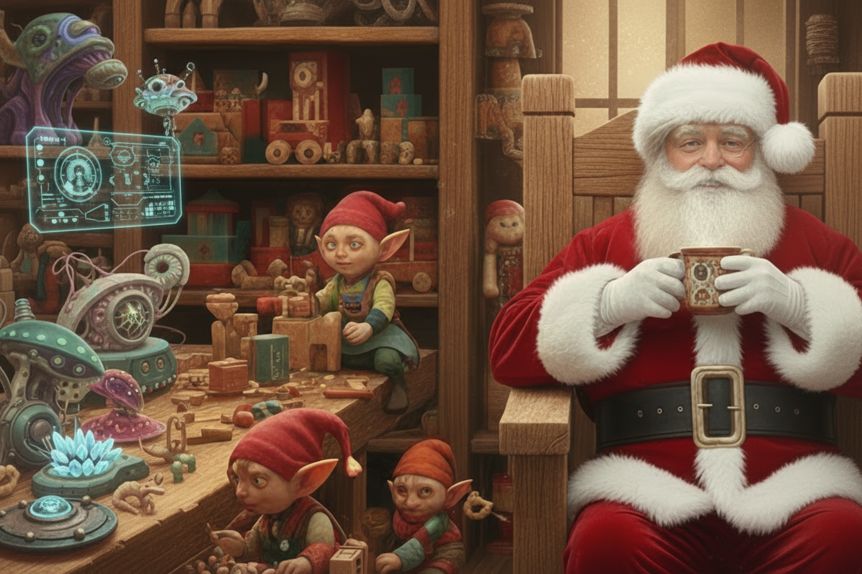 Santa Claus in a workshop with elves and various toys, including a holographic display.