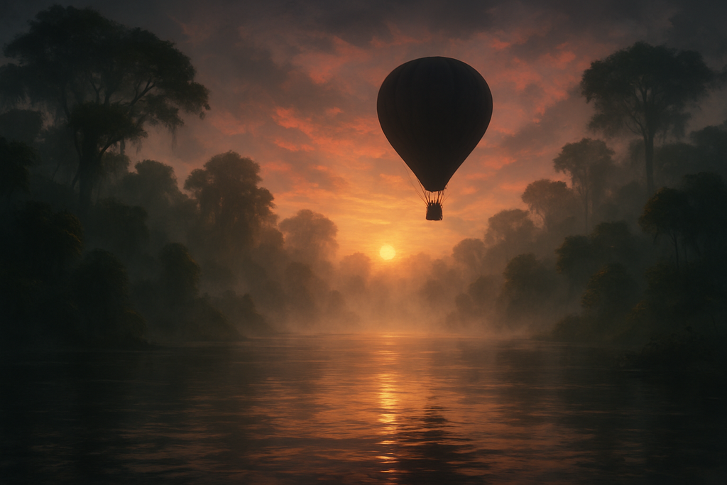 A dramatic and atmospheric scene of a hot air balloon drifting over the misty Amazon river at dawn with golden light filtering through the fog