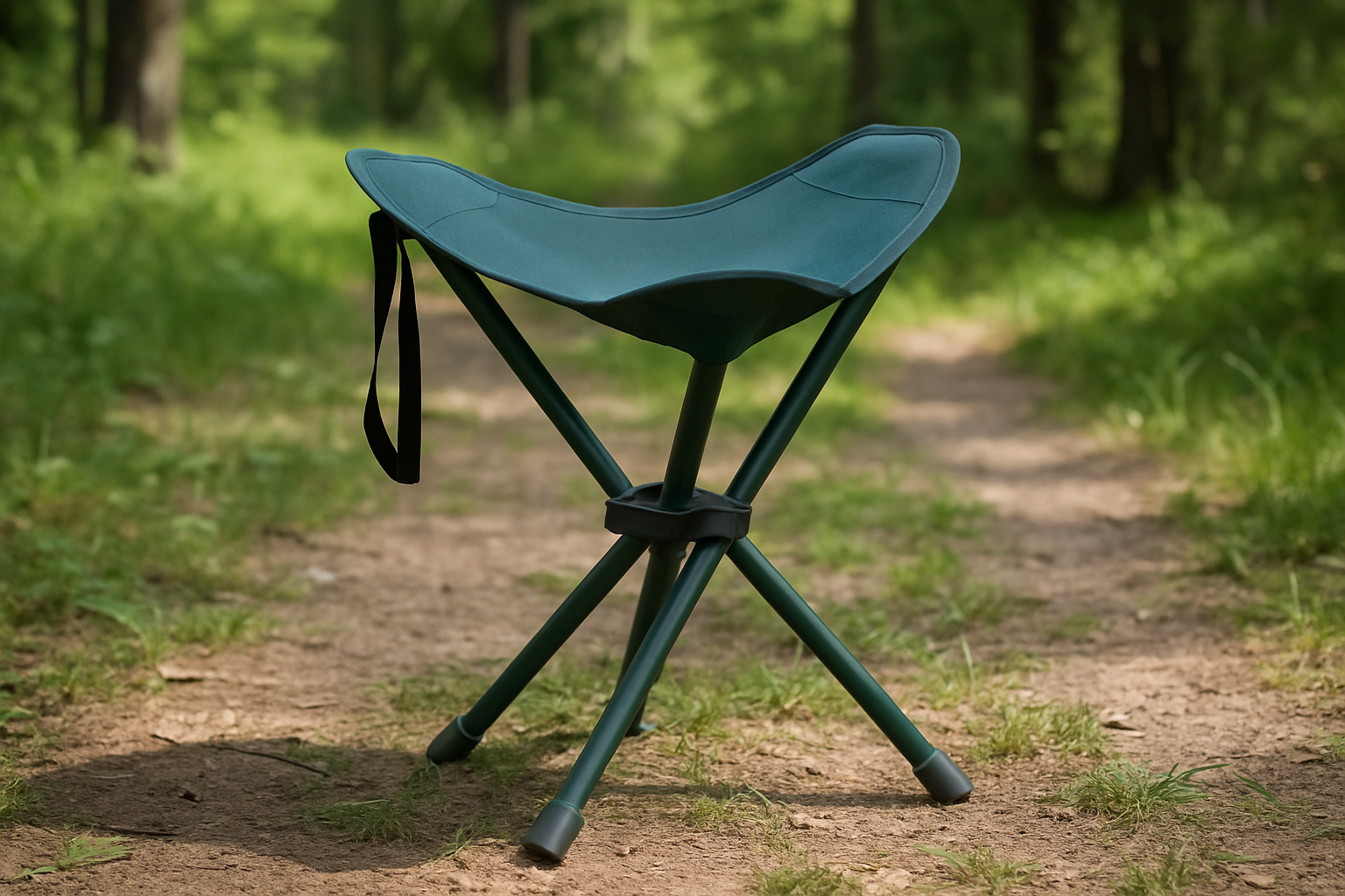 A lightweight, portable folding stool in solid forest green color with sturdy legs, shown in a natural outdoor setting perfect for bird watching