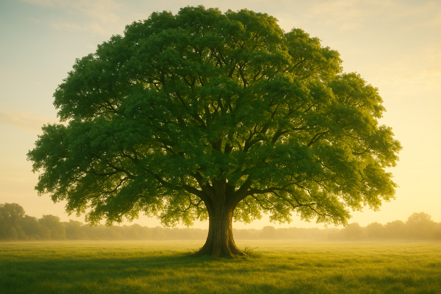 A majestic tree with a thick trunk and lush green foliage, standing alone in a field with sunlight filtering through its branches