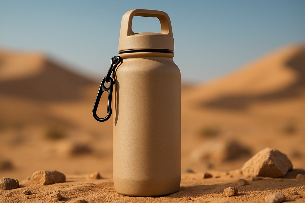 A professional product photo of a rugged, insulated water bottle designed for desert hikers. The bottle has an earth-tone color with a secure lid and carrying loop, positioned on a desert-like surface with sand and small rocks. The background shows a blurred desert landscape with dunes and a clear blue sky.