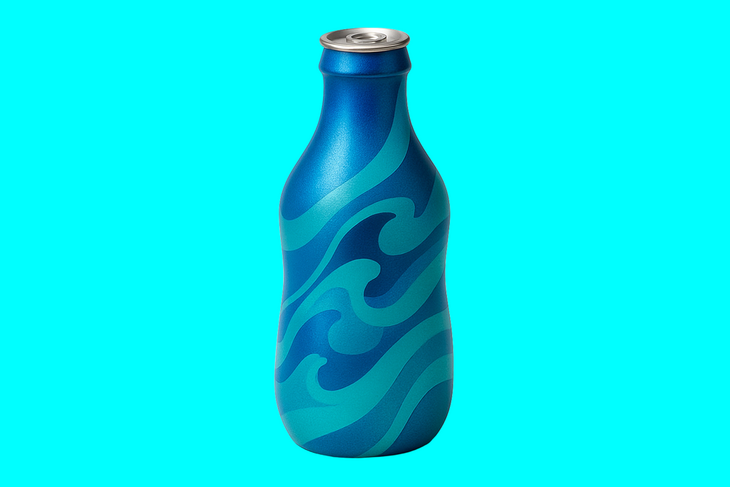 A professional product photo of a uniquely designed aluminum water can with vibrant blue and teal gradient colors and abstract water-inspired patterns