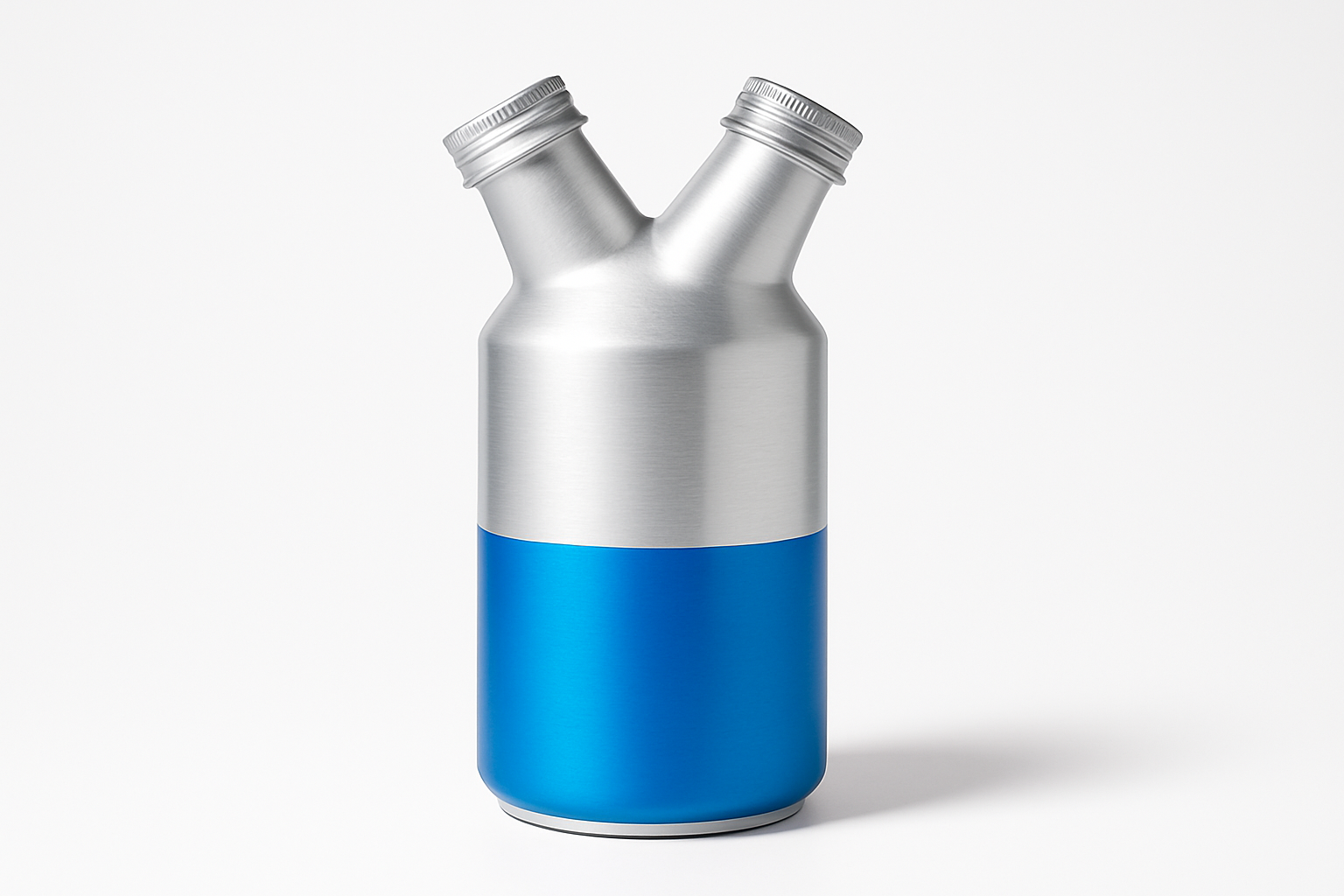 A professional product photo of an innovative aluminum water can with a unique two-neck design featuring blue and silver colors