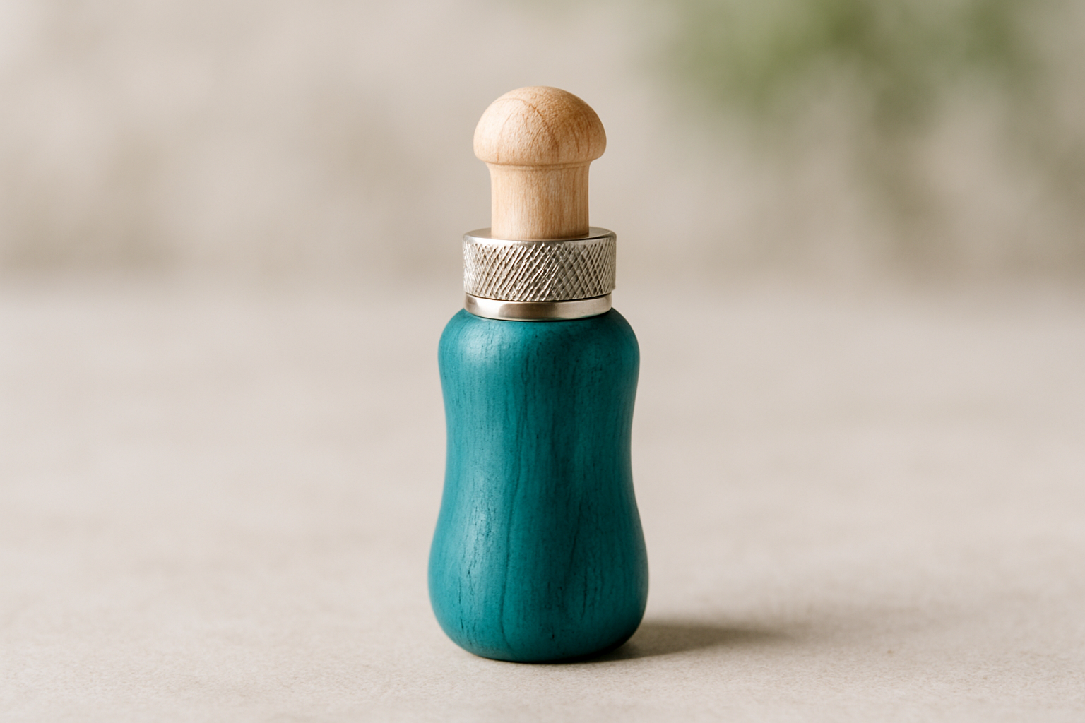 A single bird call whistle in vibrant teal color with subtle silver accents, displayed on a simple neutral surface with a natural background