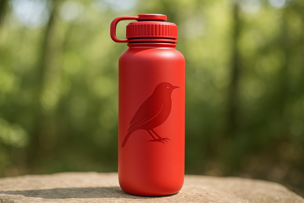 A sleek, eco-friendly water bottle in vibrant red color with a subtle bird silhouette design, shown against a natural outdoor background with no text
