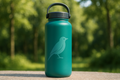 A sleek, eco-friendly water bottle in vibrant teal color with a subtle bird silhouette design, shown against a natural outdoor background with no text