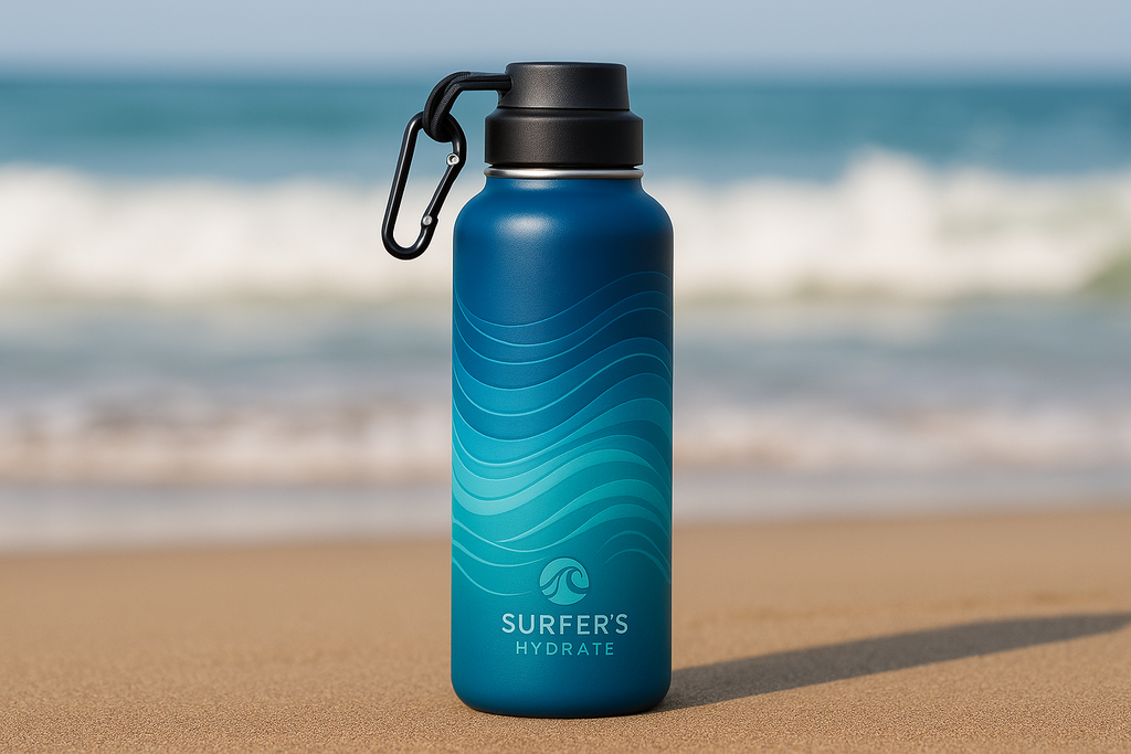 A sleek, modern water bottle with a blue-to-teal gradient and wave patterns, positioned on a sandy beach with ocean waves in the background
