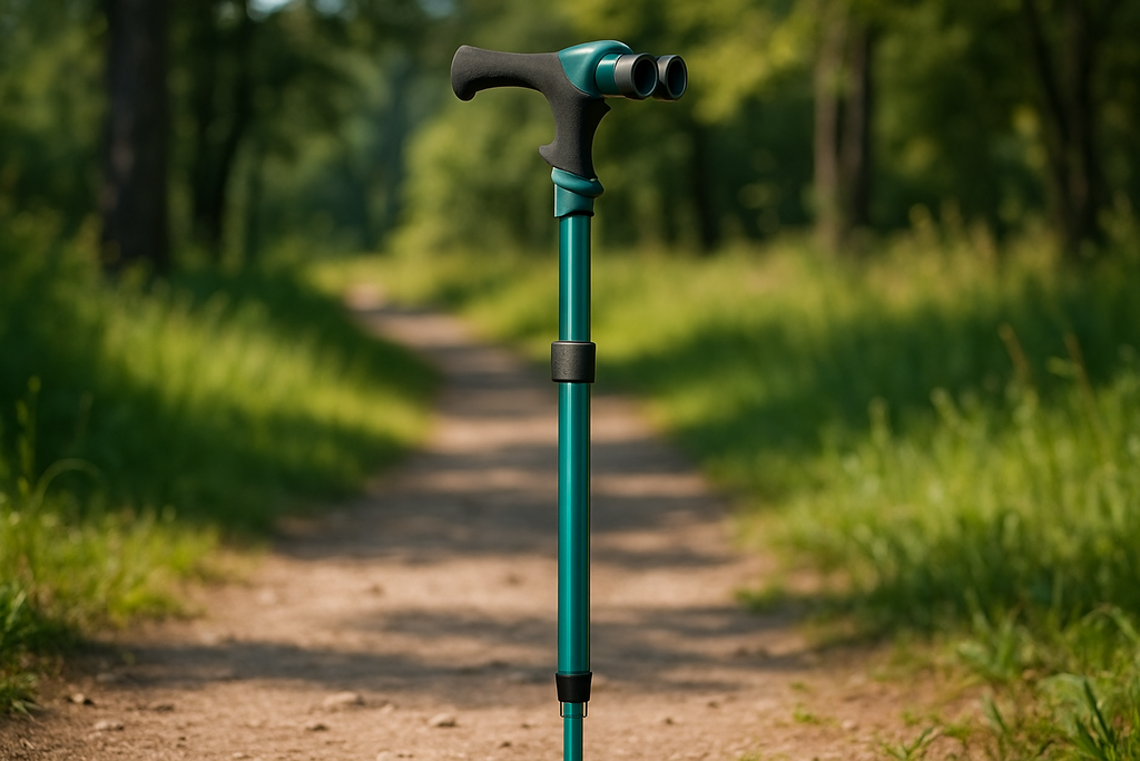 A sleek teal walking stick with black and silver accents, featuring an ergonomic handle and adjustable height, displayed against a natural forest background