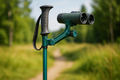 A teal walking stick with a special binocular attachment mount near the top, featuring an ergonomic handle and displayed against a natural outdoor background