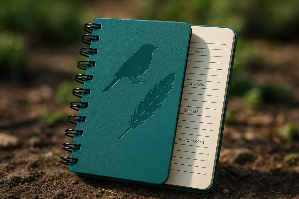 A weather-resistant notebook with a vibrant teal cover featuring a subtle bird silhouette design, spiral-bound and open to show pre-formatted pages for bird watching notes