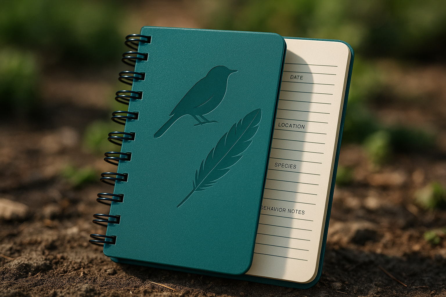 A weather-resistant notebook with a vibrant teal cover featuring a subtle bird silhouette design, spiral-bound and open to show pre-formatted pages for bird watching notes