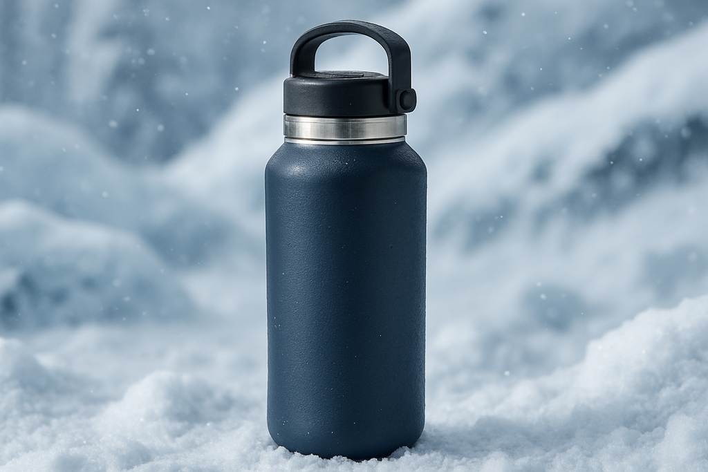An insulated water bottle designed for winter hikers with a rugged, durable design in a deep blue color with a secure lid and attachment loop