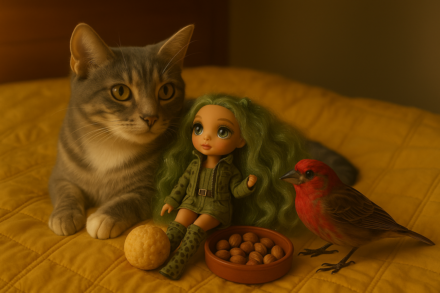 Combined scene with cat, bird, and green-haired doll