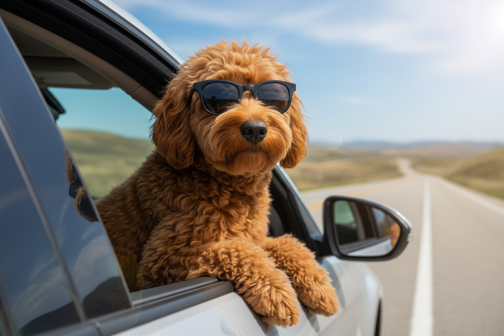 Dog wearing sunglasses looking out of a car window on a road fghjk trip
