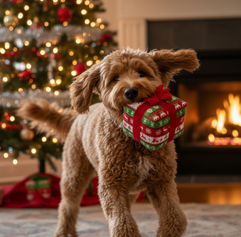 Dog holding a Christmas gift box in front of a decorated tree and fireplace.