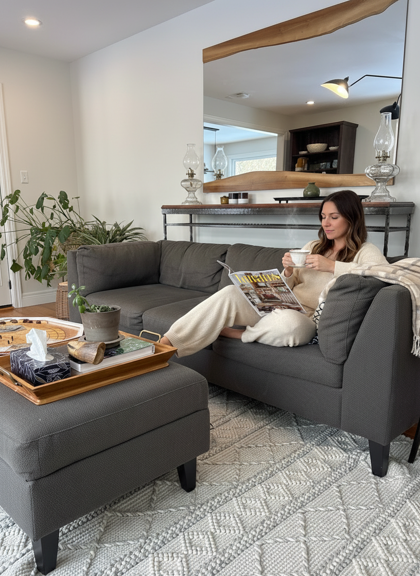 Woman relaxing with tea and magazine on lap